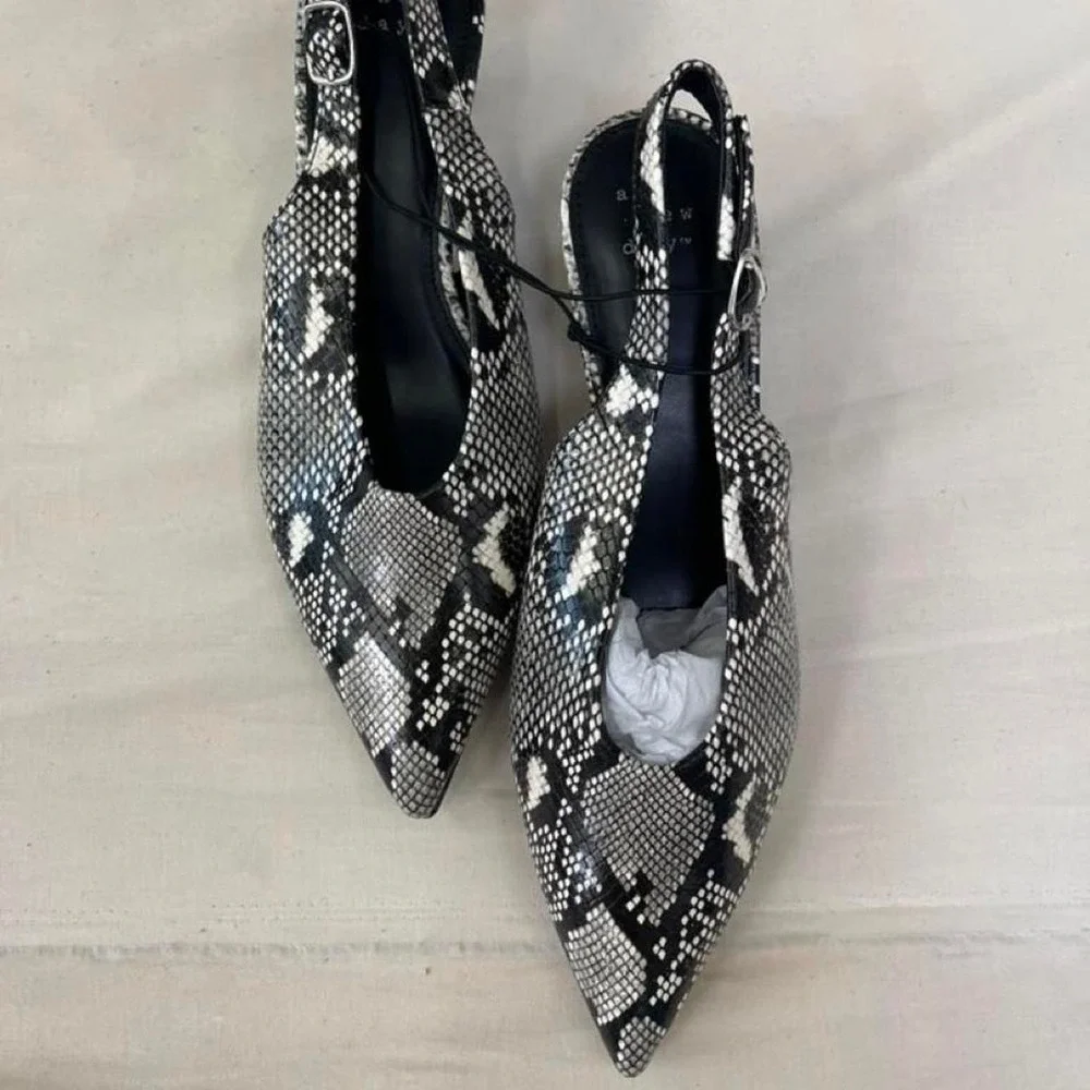 white/black snake print kitten heels